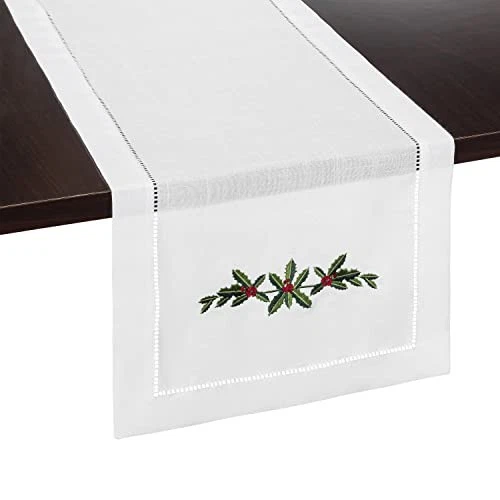 Brio Trends Holly Garland Embroidered Hemstitch Table Runner Rustic Christmas...