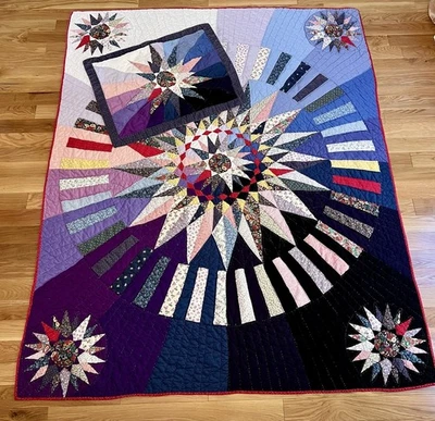 Vintage Handmade  Quilt Patchwork Starbust Pattern 80x64” & Pillow Sham Stitch - Image 1 of 4