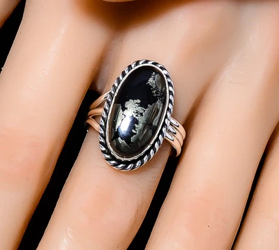 Anel de declaração de prata esterlina 925 pirita em pedra preciosa magnetita, presente de Natal - Imagem 1 de 4
