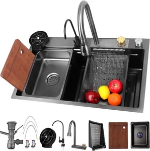 Waterfall Kitchen Sink Multifunctional Stainless Steel 75×45 CM Pull-Out Faucet - Picture 1 of 9