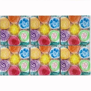SET 6 COASTERS MULTICOLOR ARTWORK SQUARE 3.5" ISRAELI PINK HEART POMEGRANATE FRU - Picture 1 of 4