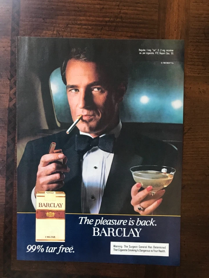 Anuncio impreso original vintage 1983 Barclay Cigarettes - The Pleasure Is Back Foto 1 de 1