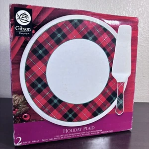 Gibson Christmas Holiday Plaid 12” Durastone Cake Plate With Server New In Box - Picture 1 of 10