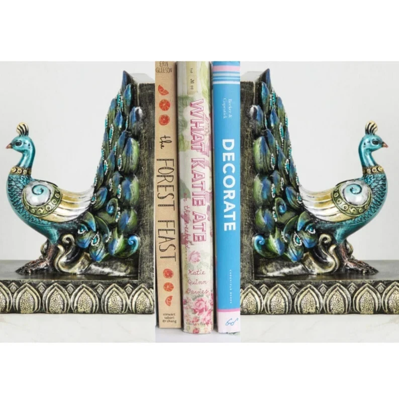 Artistic Peacock Bookends - Handcrafted with High-quality Wood and Resin Set of2 - Image 1 of 4