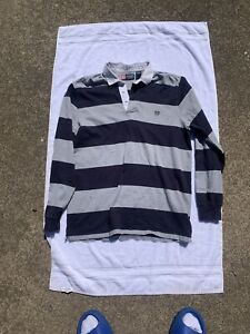 Chaps Polo Shirt Large Blue Grey Men Pullover Stripe 100% Cotton Long Sleeve