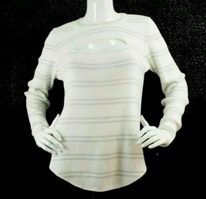 Maglione Chaser da donna taglia M cotone lurex a costine bianco argento 2 fori per serratura $86 nuovo con etichette - Foto 1 di 6