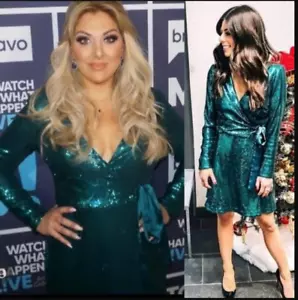 Green Emerald Sequin Dress Small RAMY BROOK Cocktail Wrap Allover Club NEW $425 - Picture 1 of 18