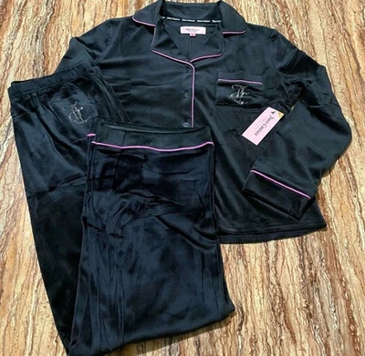 Juicy Couture Pajama Set Black Velour Long Sleeve Top & Pants Women’s Medium - Image 1 of 4