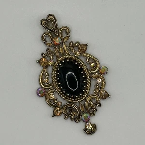Victorian Revival Black Faux Onyx Ornate Pendant Elegant Baroque AB Rhinestone - Picture 1 of 7