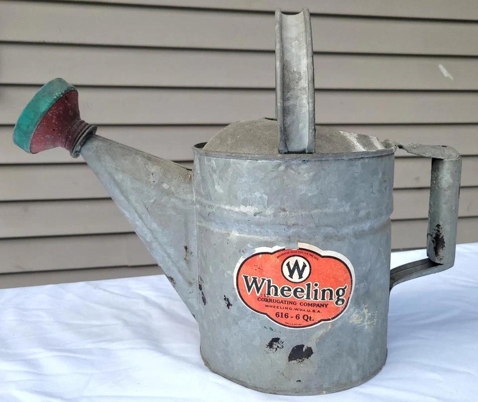 Vintage Wheeling 8 Qt Galvanized Watering Can Metal Sprinkler Head Paper Label - Image 1 of 1