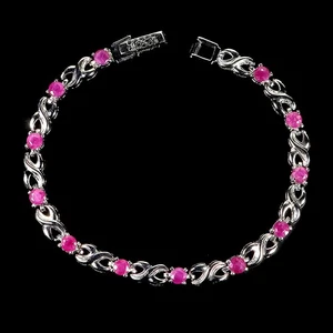 925 Sterling Silver Bracelet Round Ruby 4mm Natural Gemstone Jewelry 7inches - Picture 1 of 14