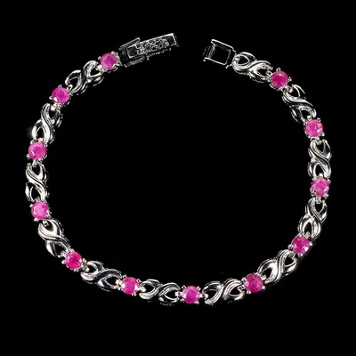 925 Sterling Silver Bracelet Round Ruby 4mm Natural Gemstone Jewelry 7inches - Image 1 of 4