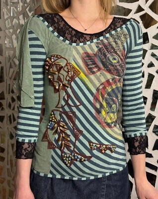 Save The Queen Top Manga 3/4 Hombro Caído para Mujer Talla Pequeña Rayas Foto 1 de 4