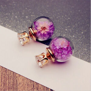 Fashion Gold Plated Glass Ball Rose Flower Rhinestone Stud Earrings for Women