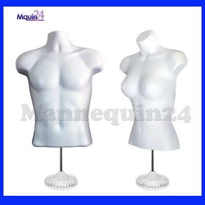 WHITE MANNEQUIN MALE & FEMALE DRESS FORMS with 2 TABLE TOP STANDS + 2 HANGERS - Image 1 of 4