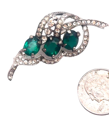 Reja Sterling Silver Marked Figural Leaf Brooch, Green Oval & Clear Rhinestones - Image 1 of 3