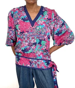 Top/Blusa Diane Freis - Vintage Años 90 - Rosa/Azul - Ajuste M - Reino Unido 12 - Imagen 1 de 10