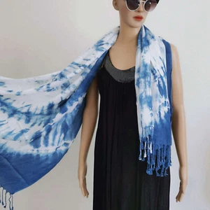 Indigo Shibori Cotton Scarf, Hand Dyed Shawl, Beach Wrap with Fringe, 35''x73'' - Picture 1 of 15