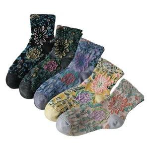 5 Pairs Women Cotton Colorful Flowers Short Stockings Retro Middle Tube Socks - Picture 1 of 9