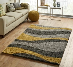 SMALL - X LARGE THICK GREY SILVER OCHRE MUSTARD YELLOW WAVES MODERN SHAGGY RUG - Picture 1 of 4
