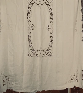Vintage Leinen/Baumwolle Cutwork Tischdecke 81” x 61” Elfenbein mit Mauve Rand + 8 Servietten - Bild 1 von 10