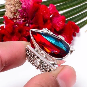 Red & Blue Bi-Colour Tourmaline & White Topaz 925 Sterling Silver Ring s.7 Sku59 - Picture 1 of 3