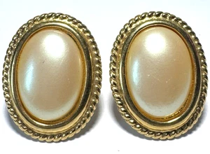 Pendientes Joyería Vintage Clip On Grande Oro Imitación Perla Crema Encerrado 77 - Imagen 1 de 2