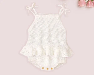 12-24m Girl Romper Dress Off White Baby Girl Infant Baby Knitted Romper Cotton - Picture 1 of 3