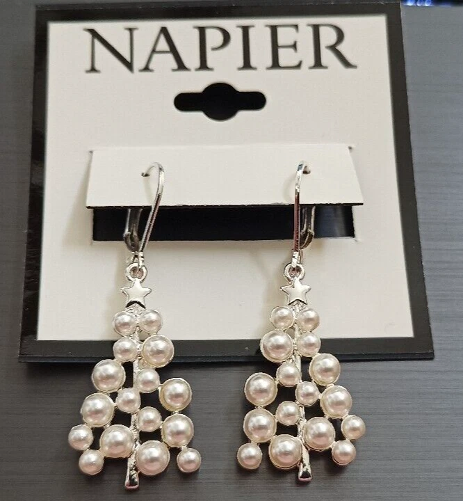 Napier Silver Tone Simulated Pearl Christmas Tree Drop Leverback Earrings