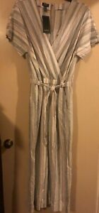 Jones New York Linen Blend Striped Wrap Belted Elastic Waist Jumpsuit Size XL