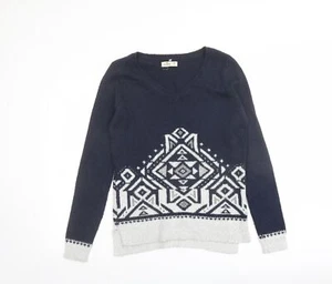 Hollister Womens Blue V-Neck Cotton Blend Jumper Size M - Print - Picture 1 of 10