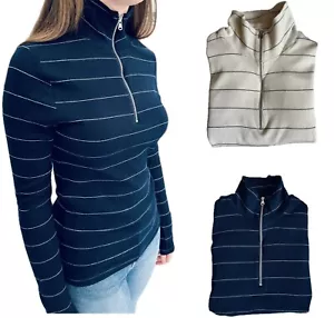 Ladies Marks Ribbed Top Zip High Neck Long Sleeved Striped Navy Cotton T-shirt - Picture 1 of 7