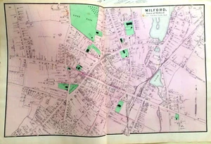 ORIGINAL 1870 MAP MILFORD MASS. ANTIQUE OLD. COLOR. FROM BEERS ATLAS. GENEALOGY - Picture 1 of 9