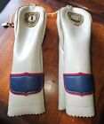 Two (2) Vintage Leather Golf Club Head Covers White Blue Embroidered Cool