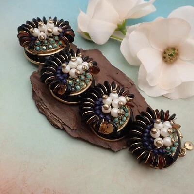 Pulsera J Crew Espectacular Capa Simulada Azul Perla Negro Esmalte 7 1/2" Foto 1 de 4