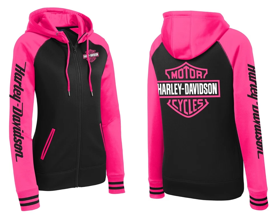 Neon Pink Black Zip Hoodie Harley Davidson Biker Mama Wife Gift Zip Sweatshirt - Image 1 of 1