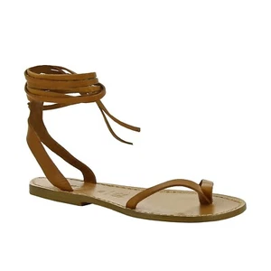Italian laced-up flat open sandals shoes for women handmade in tan soft leather - Picture 1 of 4