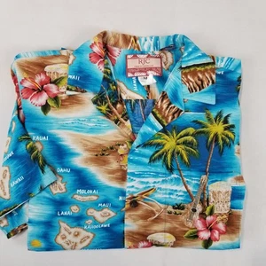 RJC Hawaiian Aloha Shirt Mens Medium Blue Island Map Floral Cotton Made USA - Picture 1 of 11