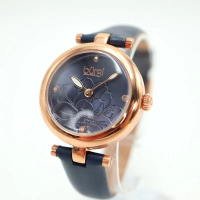 Reloj Burgi para mujer 31 mm esfera azul flor tono oro rosa esfera diamante batería nueva Foto 1 de 4