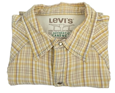 Camisa Western De Colección Levis Para Hombres Talla L Perla A Presión Mangas Cortas Amarillo/Marrón A Cuadros Foto 1 de 4