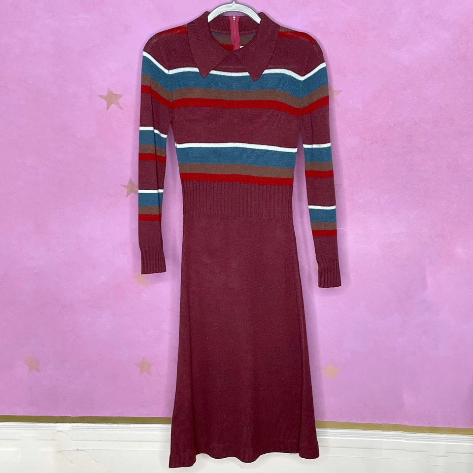 Vintage Collared Burgundy Striped  Knit Sweater Midi Dress Women Size 11/12 Sm - Image 1 of 4