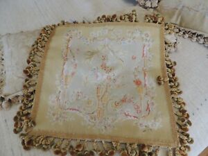 21" inch French Aubusson SILK Pillow Case with pom pom tassels Beige Gold pastel