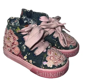 LELLI KELLY LK9087 PINK & BLUE Floral BEADED LACE UP SHOES Size 5M EU 21 Hi Top - Picture 1 of 17