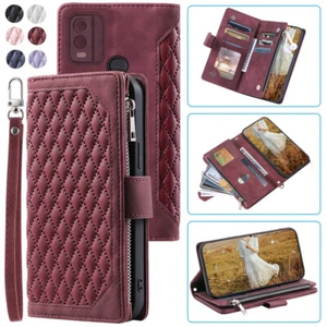 Nokia C22 Rhombic Leather Wallet Case Zipper Flip Card Phone Case For Nokia C22 - Picture 1 of 44