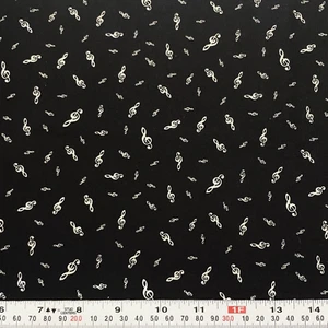 White Music Notes on Black Makower Uk Cotton Fabric Remnant 9" x 43" - Picture 1 of 2