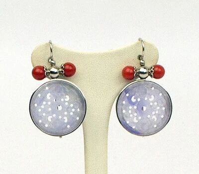 ORECCHINI  ARGENTO 925 GIADA VIOLA E PALLETTE CORALLO 8 mm GANCIO    -AGHT 0771- - Immagine 1 di 3