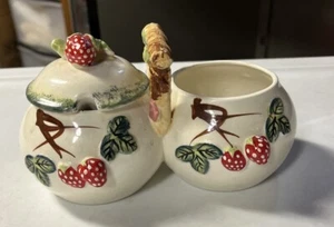 3 Enesco Japan Vintage Jelly Jar Strawberries Dbl Jam Jars  Porcelain One Lid - Picture 1 of 5
