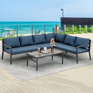 4 PCS Aluminum Patio Furniture Set Outdoor Sectional Set Cushioned Table & Chair - Picture 1 of 21