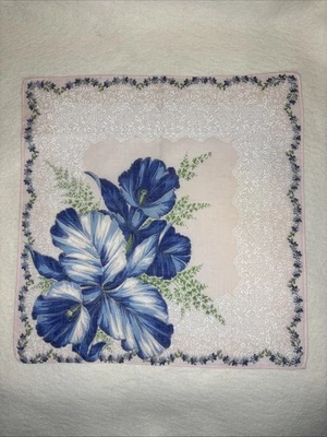 VTG Handkerchief Floral Pale Pink Blue Green White 12.5" X 12.5" Hanky Hankie - Image 1 of 4
