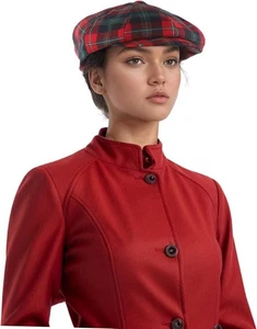 Scottish Tartan Newsboy Cap Men Women Flat Hat Red Plaid Gatsby Style Lined - Picture 1 of 7